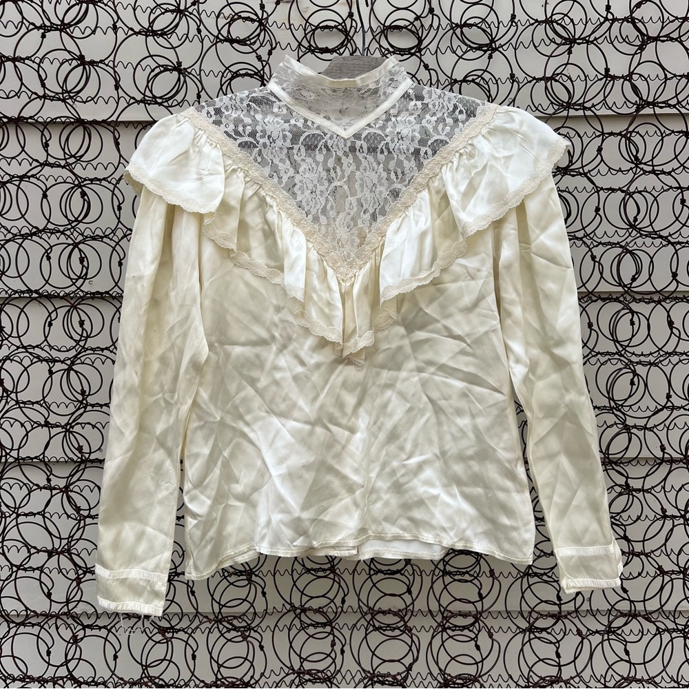 Gunne Sax satin poets blouse illusion lace neck size 9